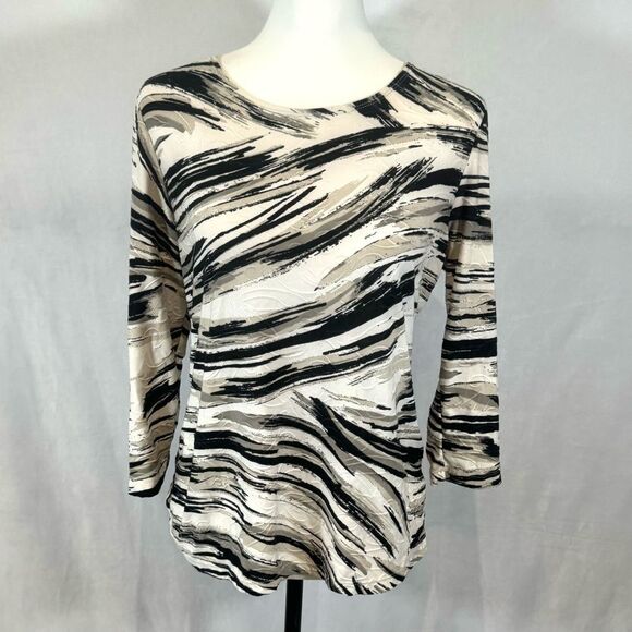 JM Collection black gray & white abstract print jacquard top size petite medium - Picture 2 of 7